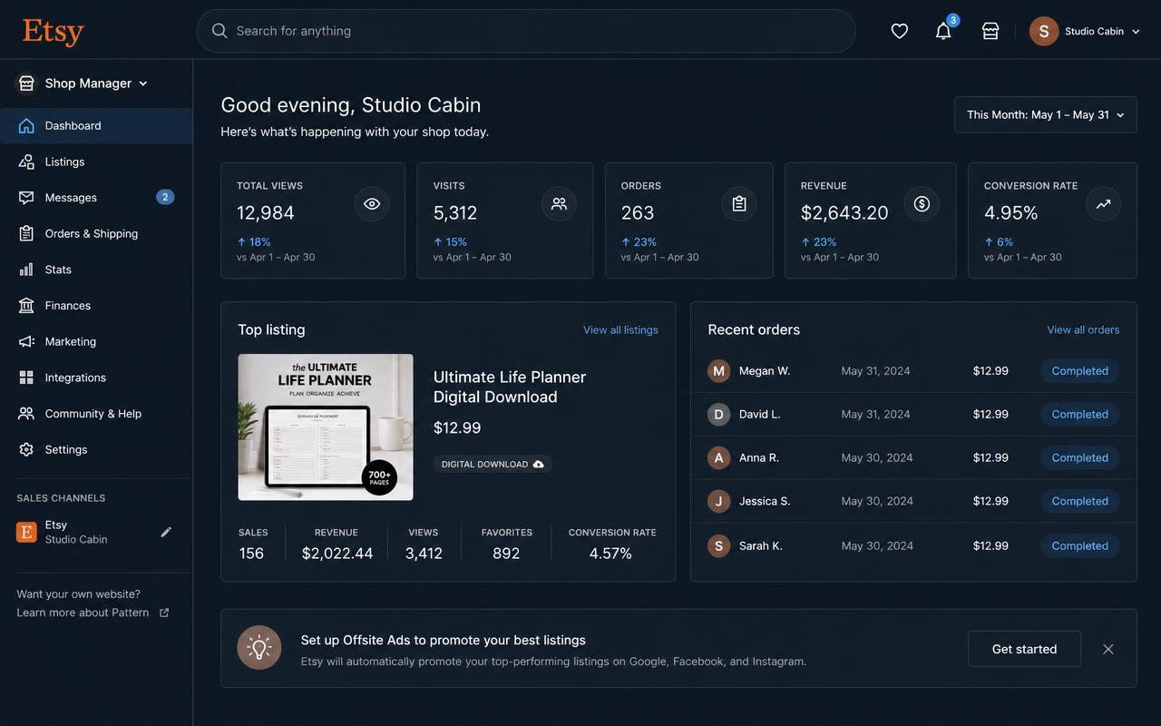 Etsy seller dashboard showing digital product sales and completed orders